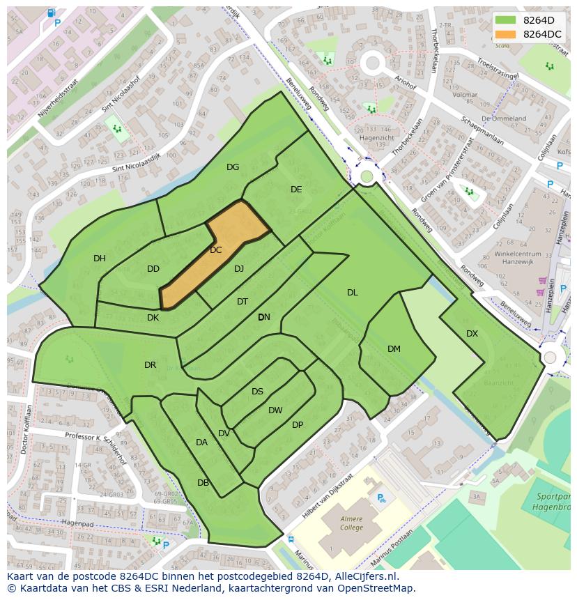 Afbeelding van het postcodegebied 8264 DC op de kaart.