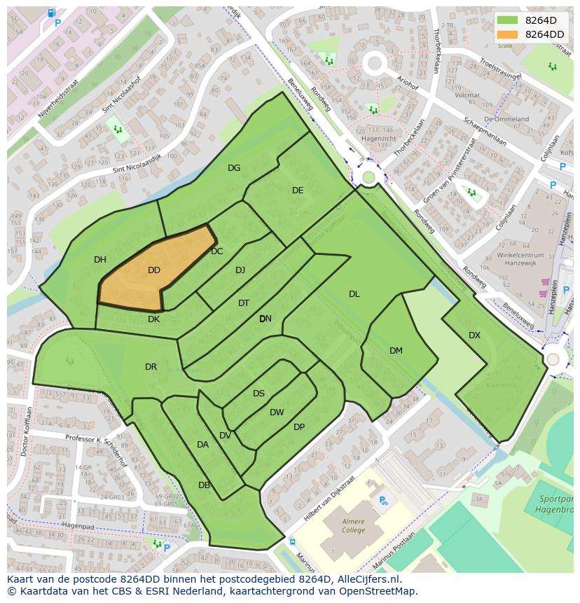 Afbeelding van het postcodegebied 8264 DD op de kaart.