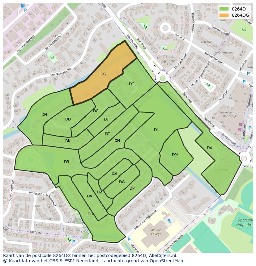 Afbeelding van het postcodegebied 8264 DG op de kaart.