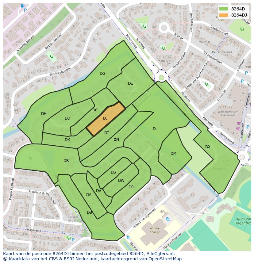 Afbeelding van het postcodegebied 8264 DJ op de kaart.