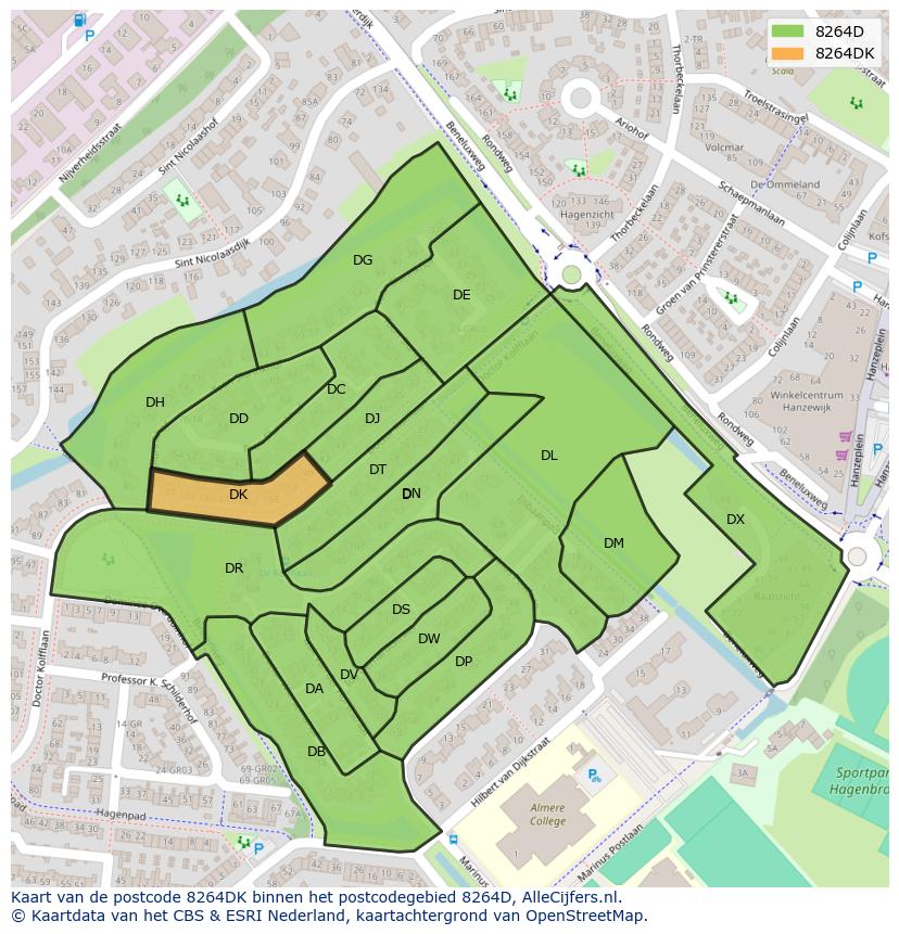 Afbeelding van het postcodegebied 8264 DK op de kaart.