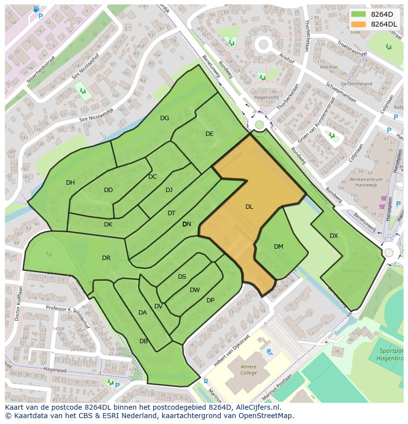 Afbeelding van het postcodegebied 8264 DL op de kaart.