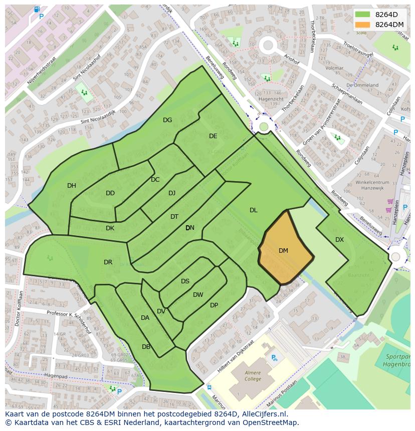 Afbeelding van het postcodegebied 8264 DM op de kaart.