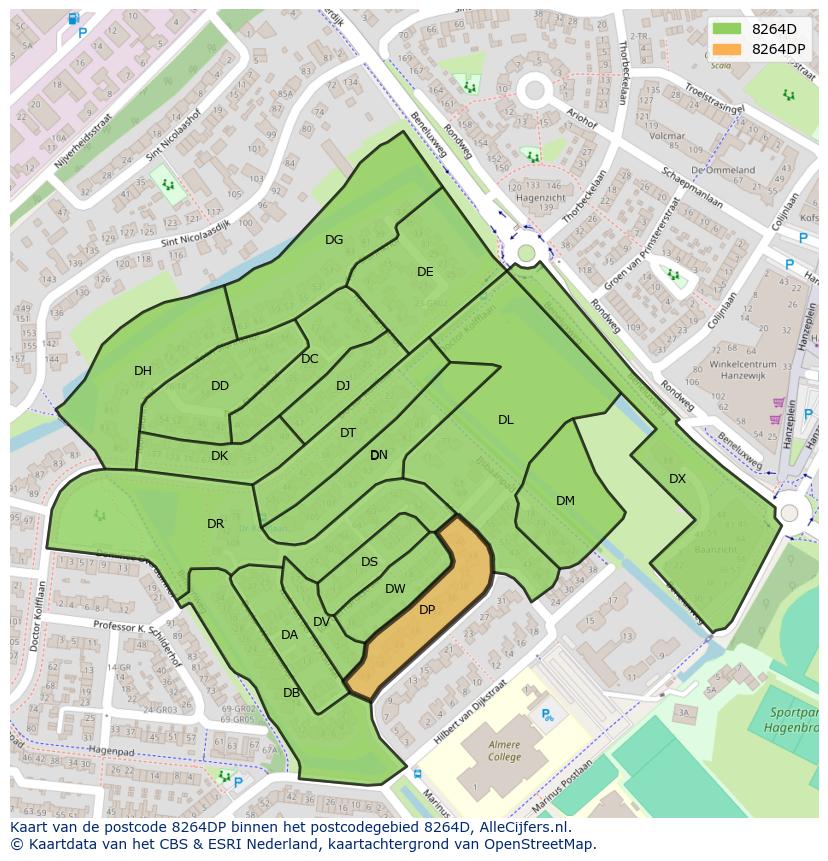 Afbeelding van het postcodegebied 8264 DP op de kaart.
