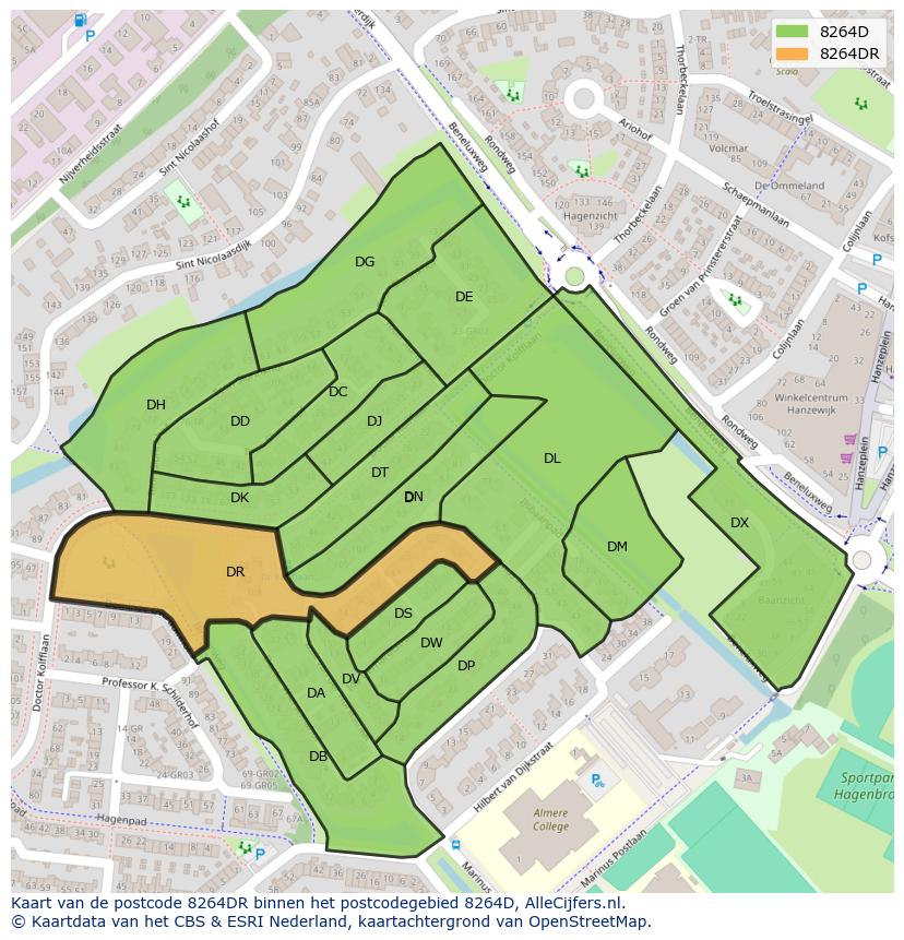 Afbeelding van het postcodegebied 8264 DR op de kaart.