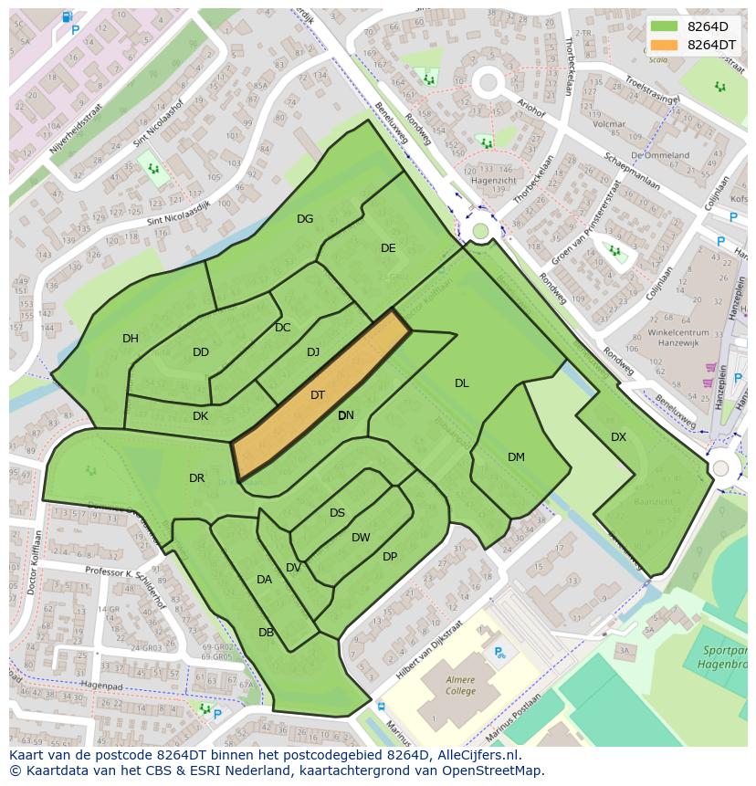 Afbeelding van het postcodegebied 8264 DT op de kaart.