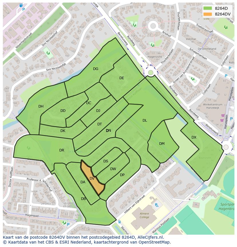 Afbeelding van het postcodegebied 8264 DV op de kaart.