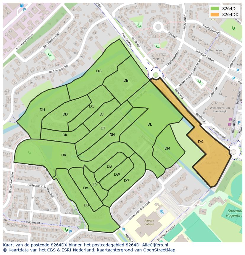 Afbeelding van het postcodegebied 8264 DX op de kaart.