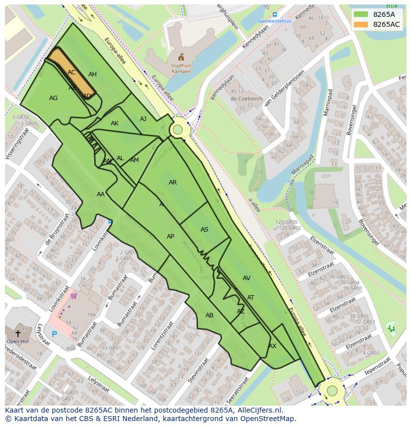 Afbeelding van het postcodegebied 8265 AC op de kaart.