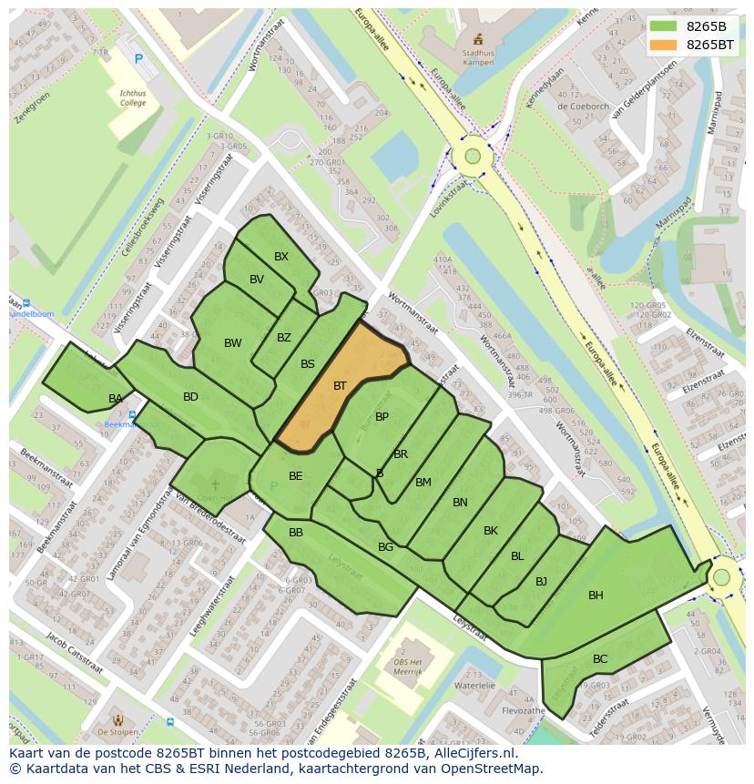 Afbeelding van het postcodegebied 8265 BT op de kaart.