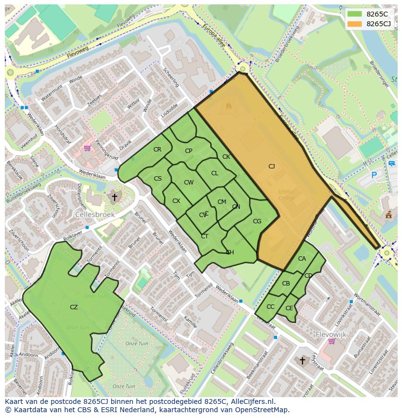 Afbeelding van het postcodegebied 8265 CJ op de kaart.