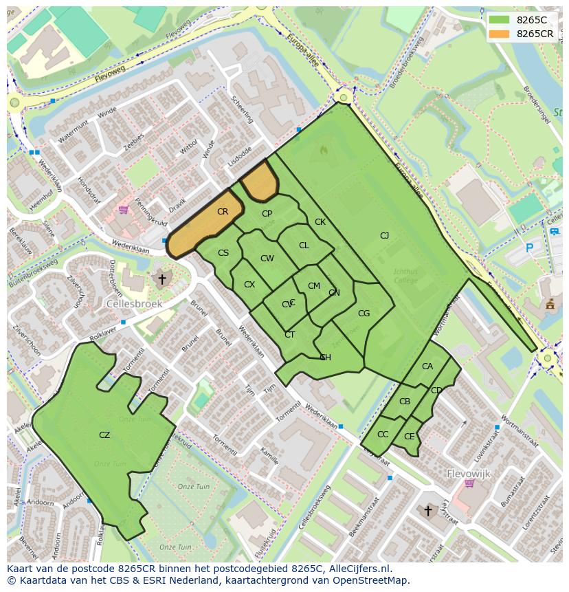 Afbeelding van het postcodegebied 8265 CR op de kaart.