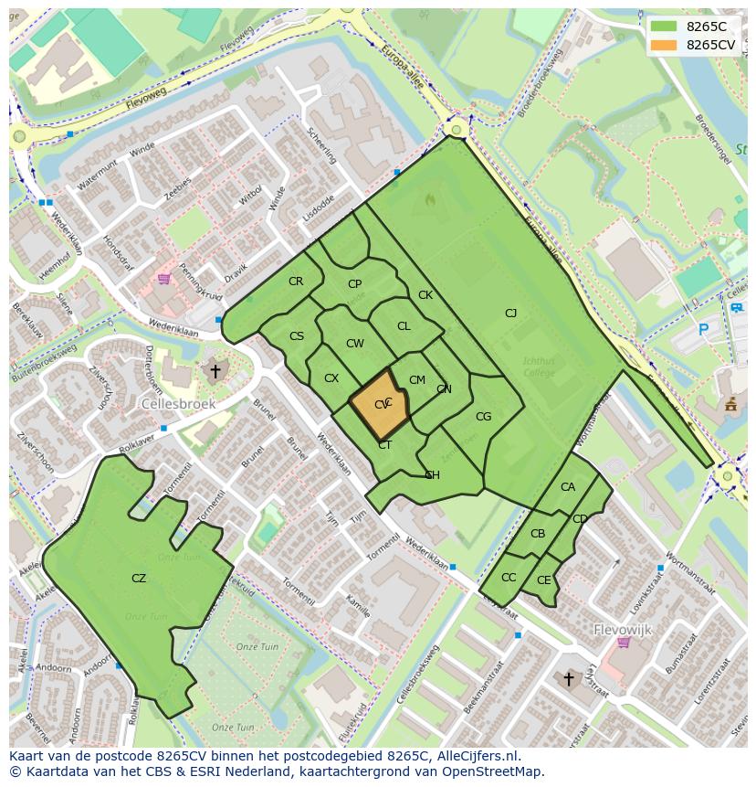 Afbeelding van het postcodegebied 8265 CV op de kaart.