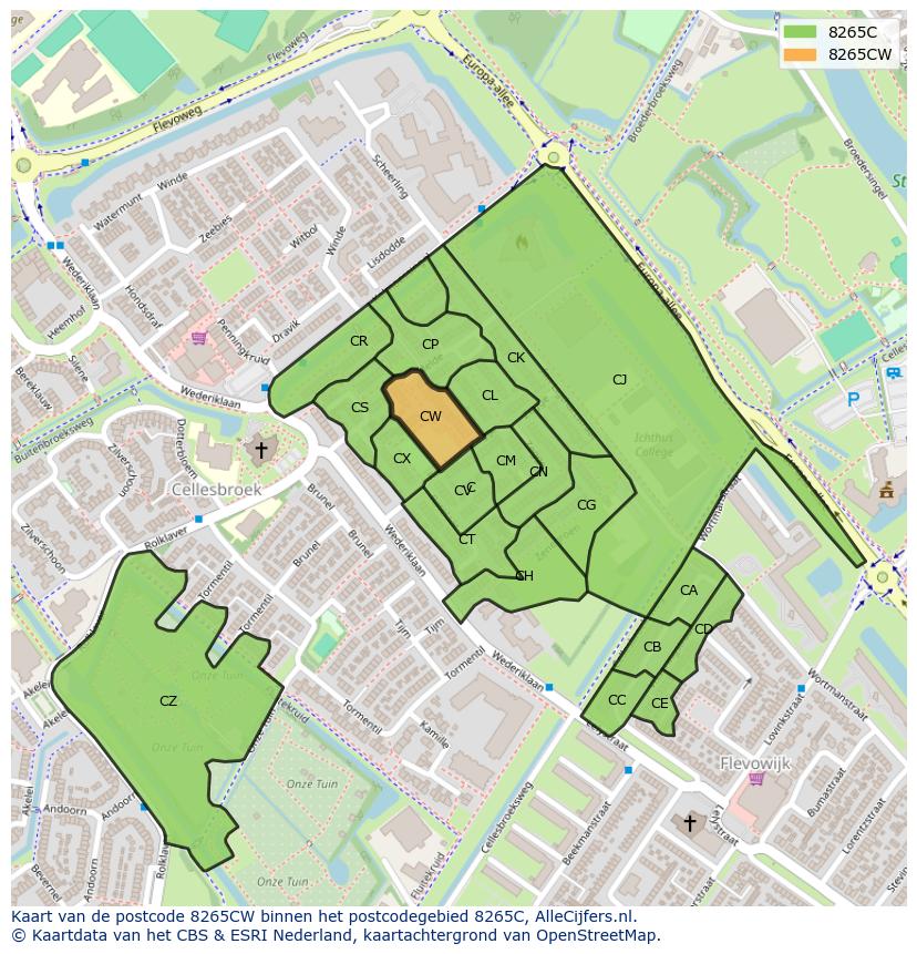 Afbeelding van het postcodegebied 8265 CW op de kaart.