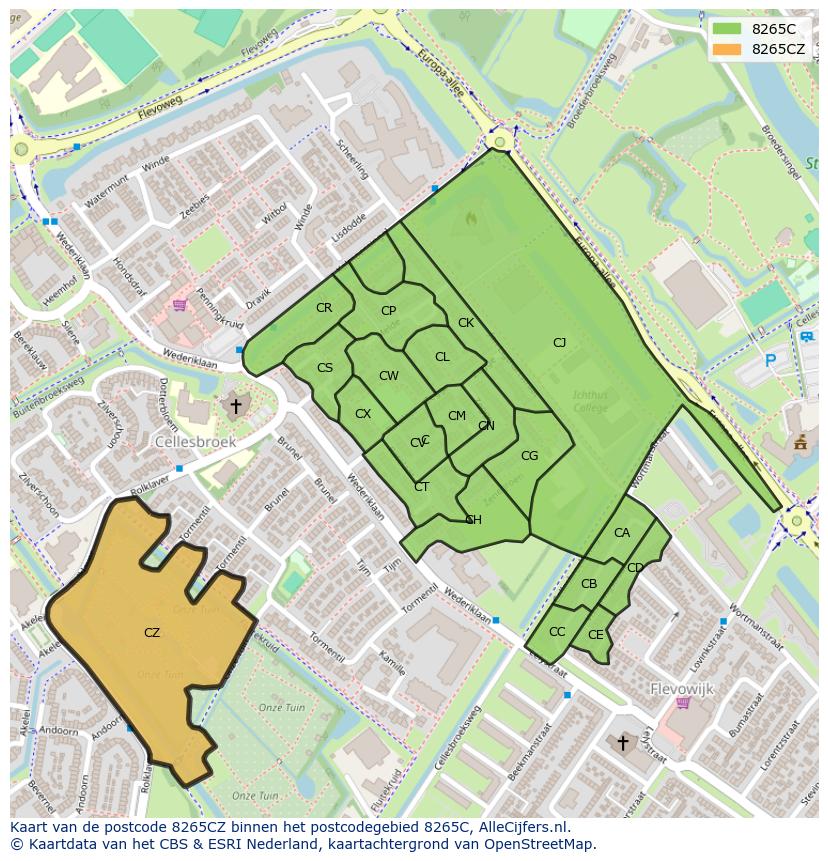 Afbeelding van het postcodegebied 8265 CZ op de kaart.