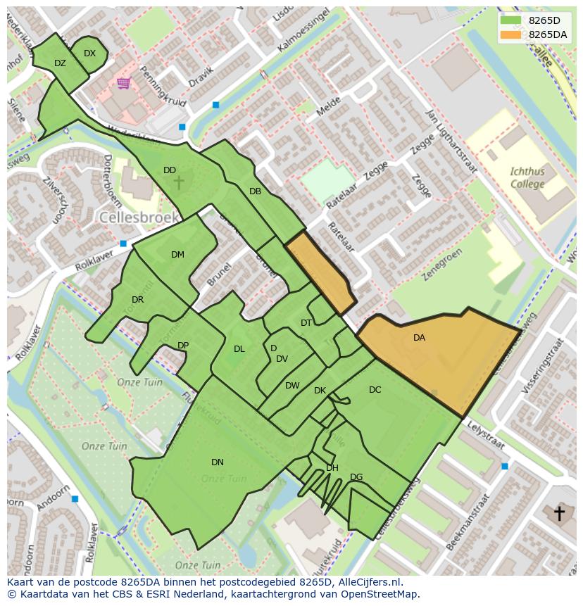 Afbeelding van het postcodegebied 8265 DA op de kaart.