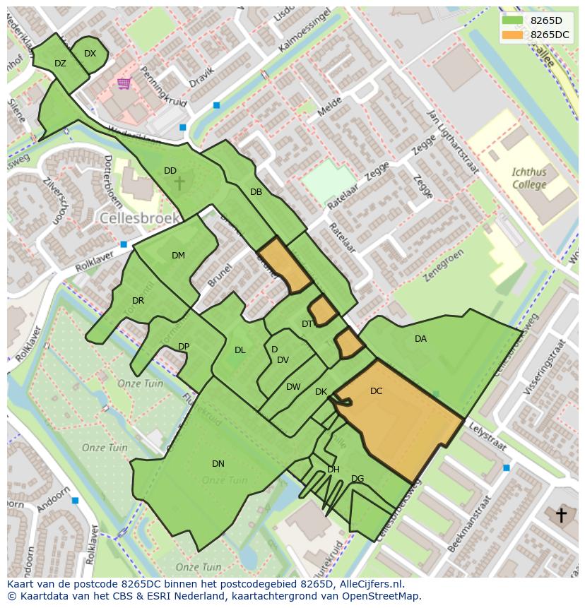 Afbeelding van het postcodegebied 8265 DC op de kaart.