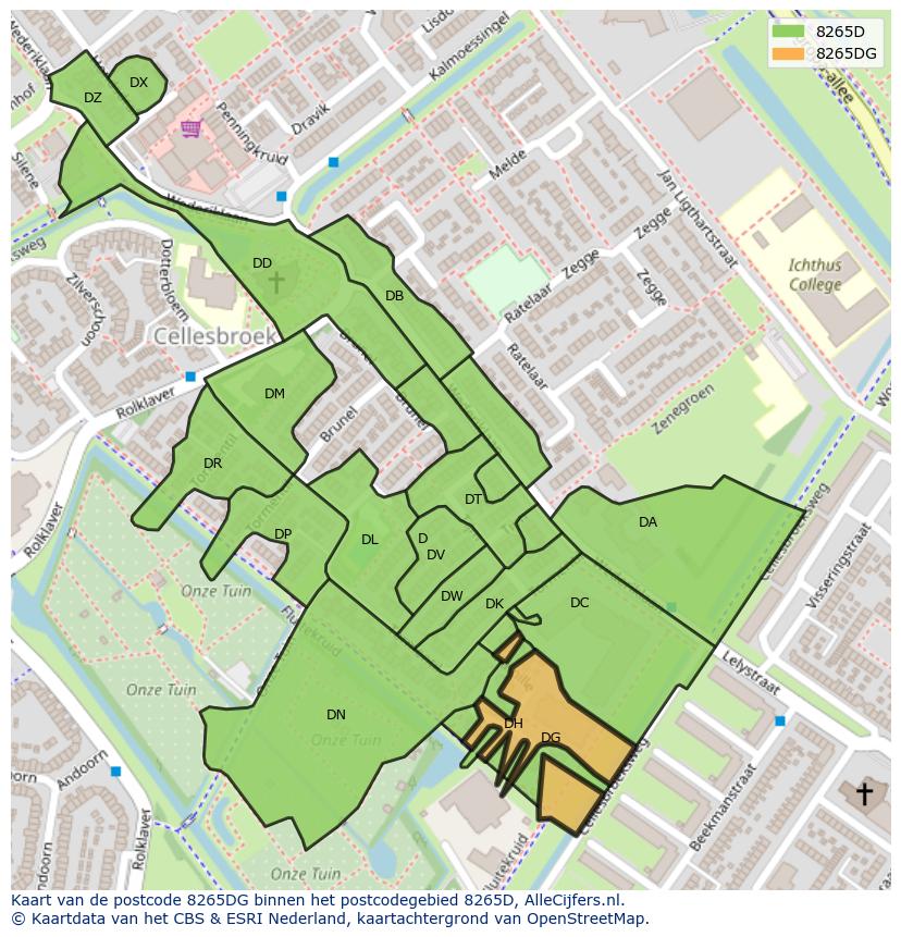 Afbeelding van het postcodegebied 8265 DG op de kaart.