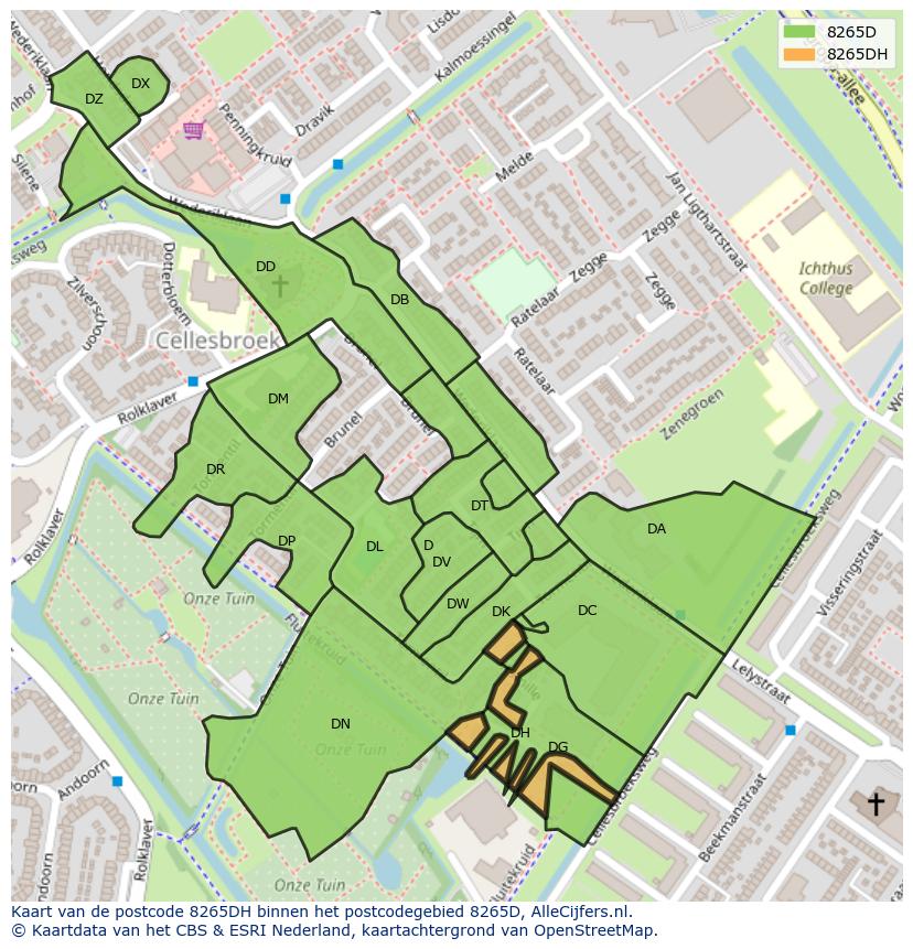 Afbeelding van het postcodegebied 8265 DH op de kaart.