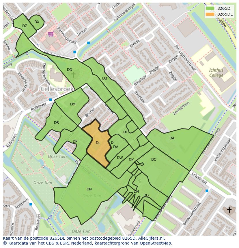 Afbeelding van het postcodegebied 8265 DL op de kaart.