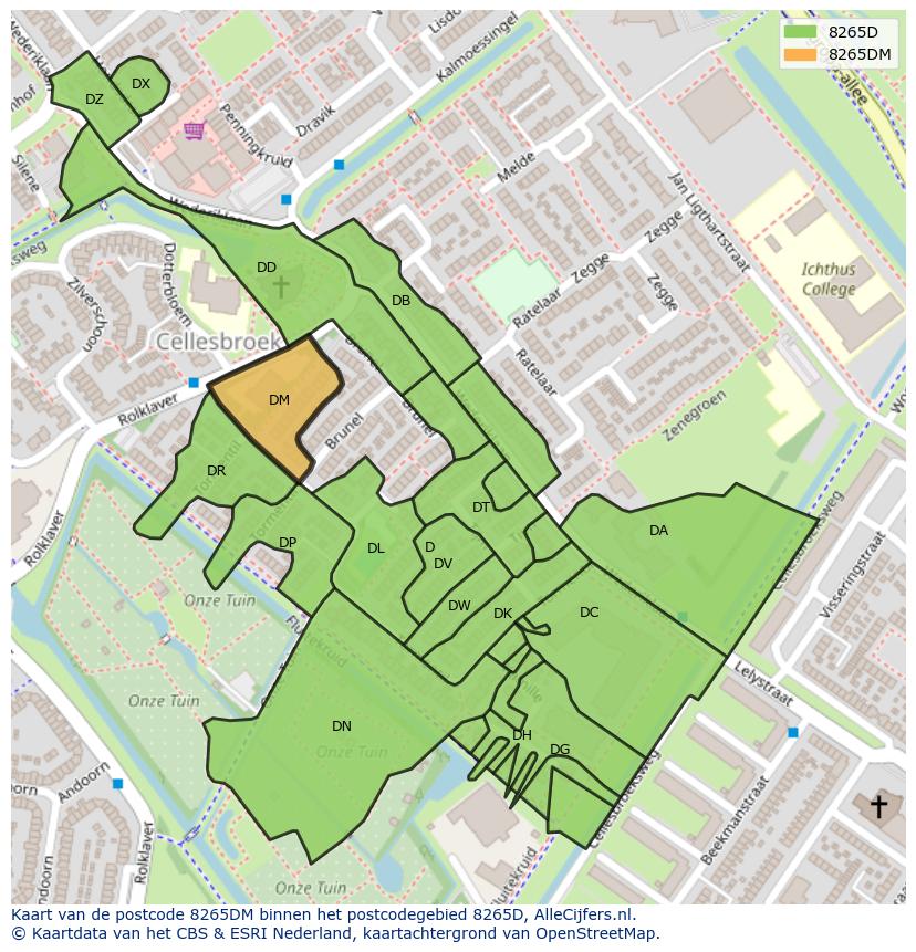 Afbeelding van het postcodegebied 8265 DM op de kaart.