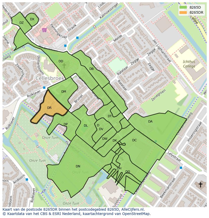 Afbeelding van het postcodegebied 8265 DR op de kaart.