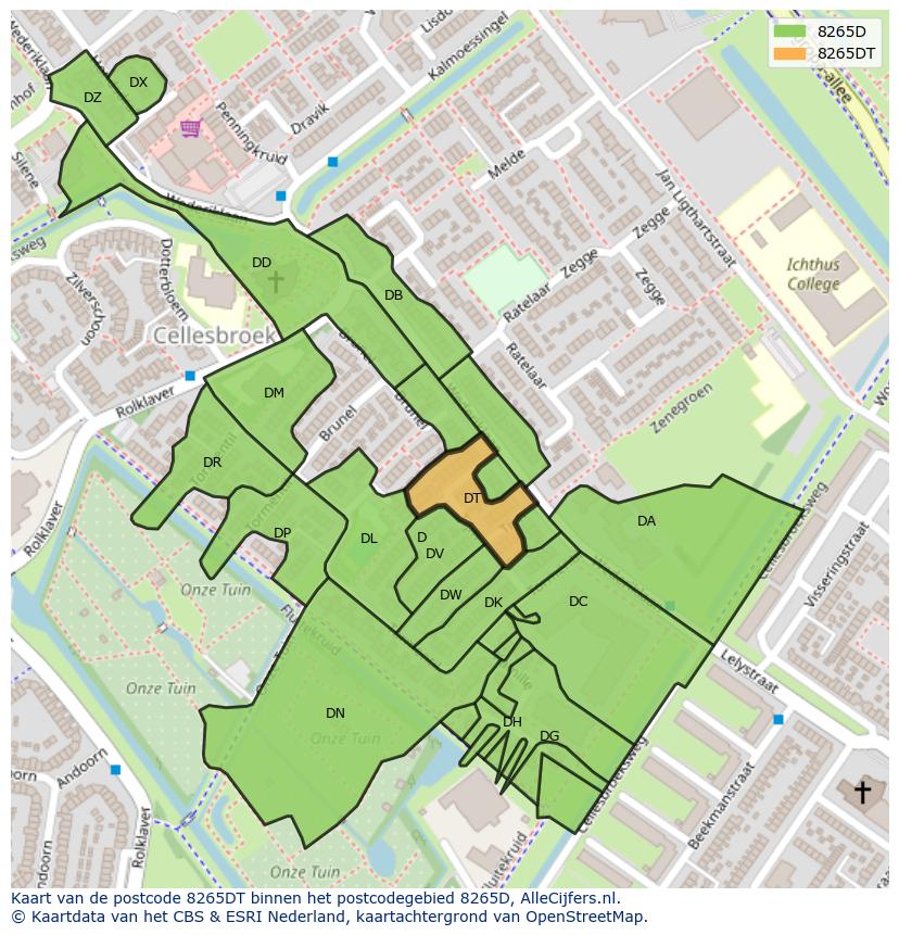 Afbeelding van het postcodegebied 8265 DT op de kaart.