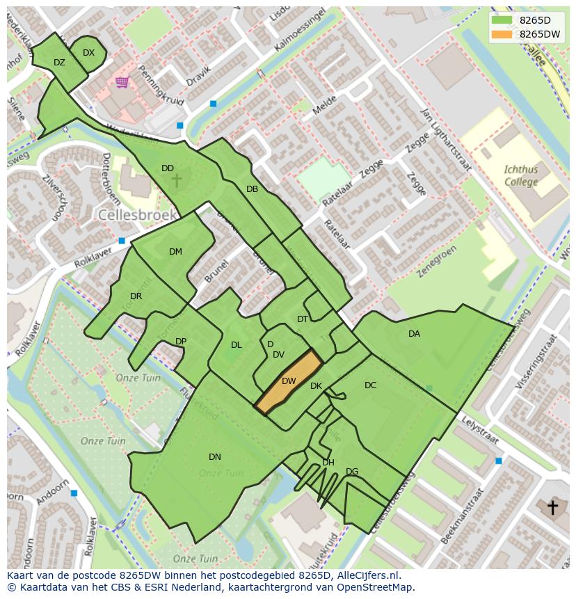Afbeelding van het postcodegebied 8265 DW op de kaart.