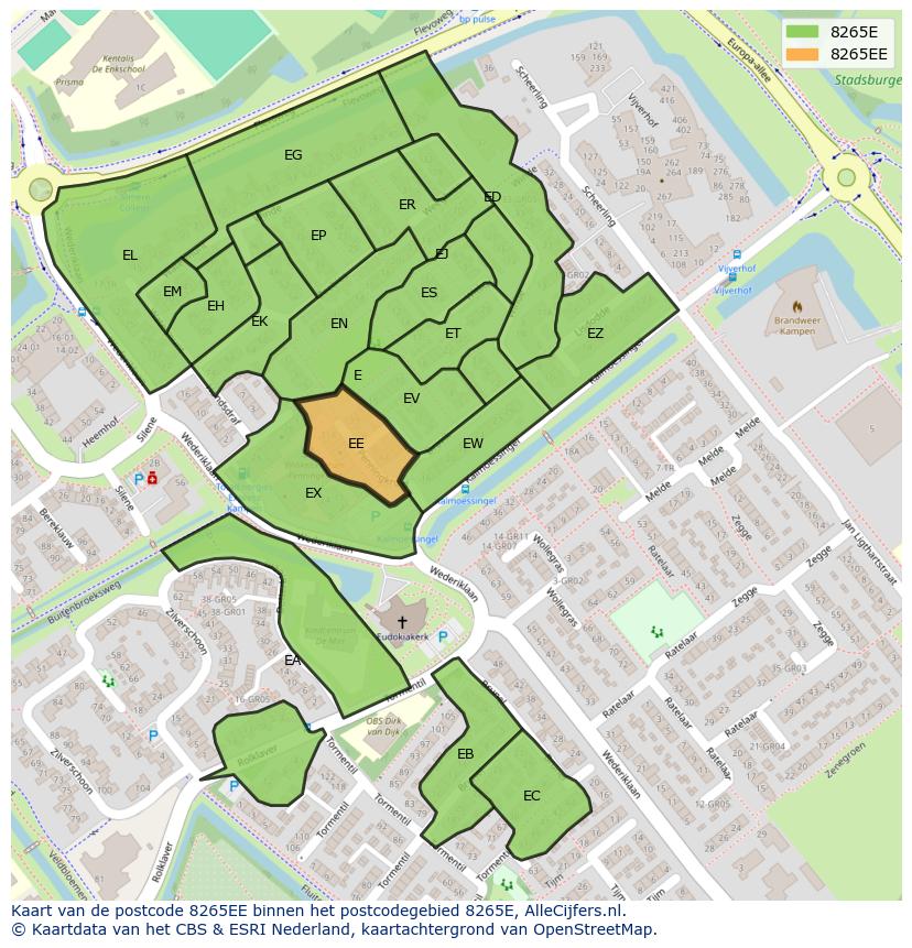 Afbeelding van het postcodegebied 8265 EE op de kaart.