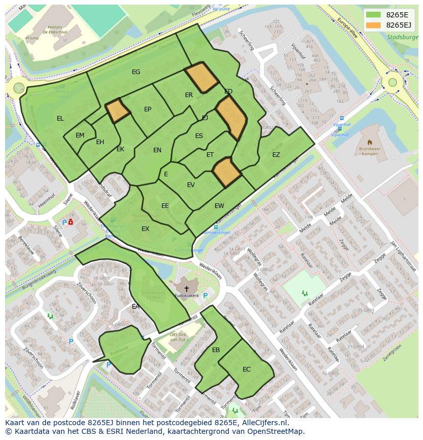 Afbeelding van het postcodegebied 8265 EJ op de kaart.