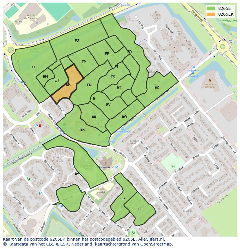 Afbeelding van het postcodegebied 8265 EK op de kaart.