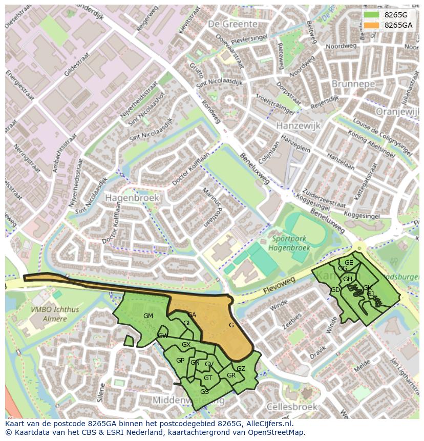 Afbeelding van het postcodegebied 8265 GA op de kaart.