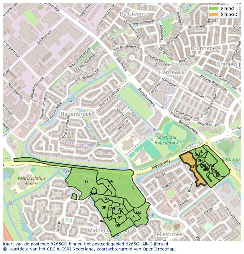 Afbeelding van het postcodegebied 8265 GD op de kaart.