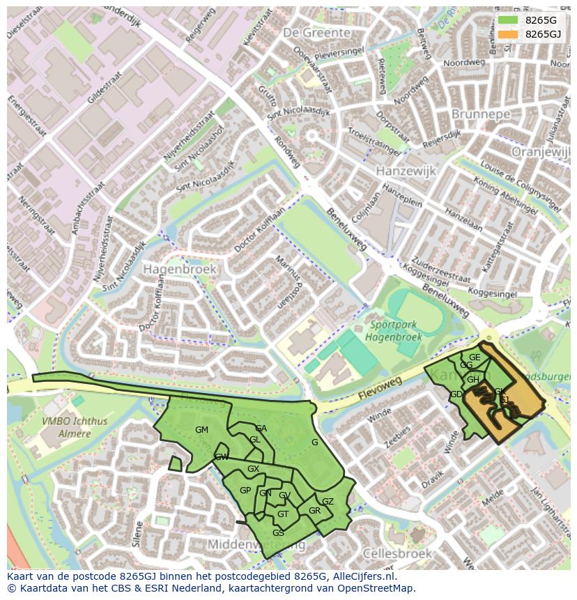 Afbeelding van het postcodegebied 8265 GJ op de kaart.