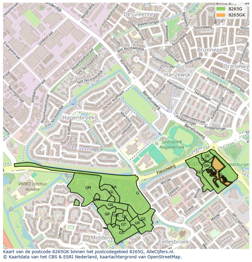 Afbeelding van het postcodegebied 8265 GK op de kaart.