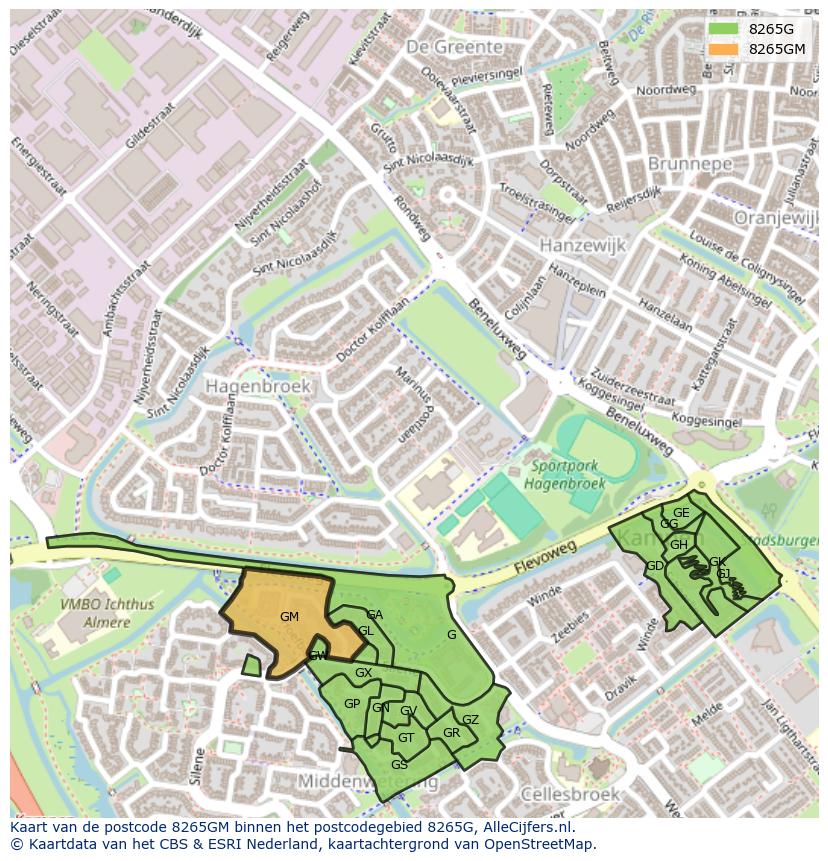 Afbeelding van het postcodegebied 8265 GM op de kaart.