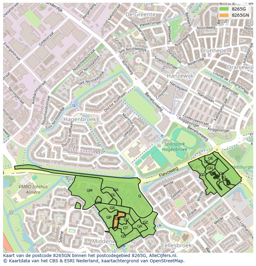 Afbeelding van het postcodegebied 8265 GN op de kaart.