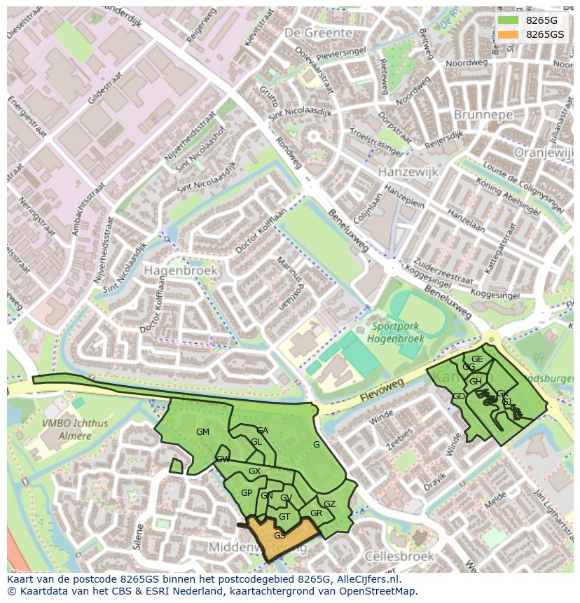 Afbeelding van het postcodegebied 8265 GS op de kaart.