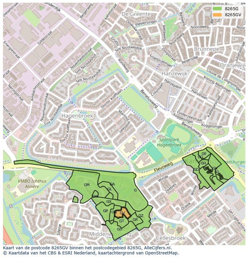 Afbeelding van het postcodegebied 8265 GV op de kaart.