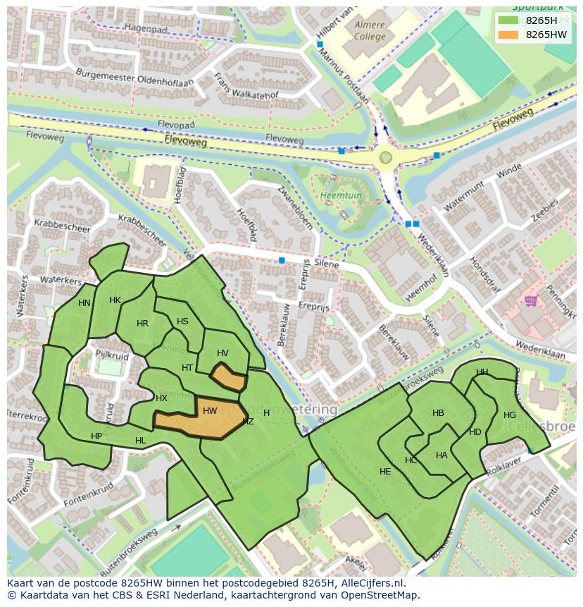 Afbeelding van het postcodegebied 8265 HW op de kaart.