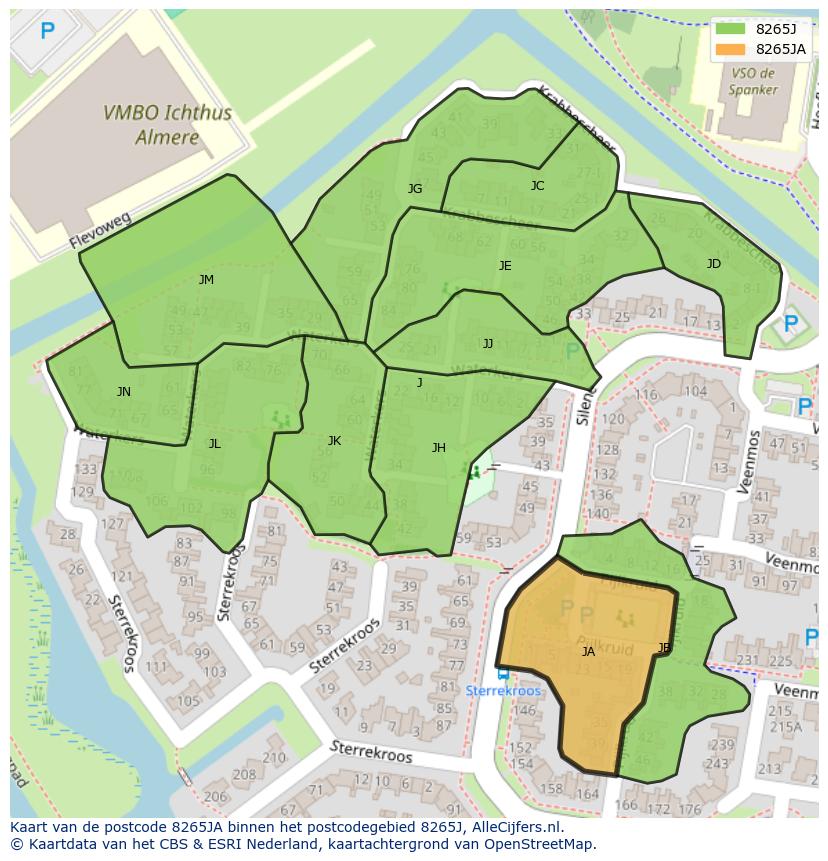 Afbeelding van het postcodegebied 8265 JA op de kaart.