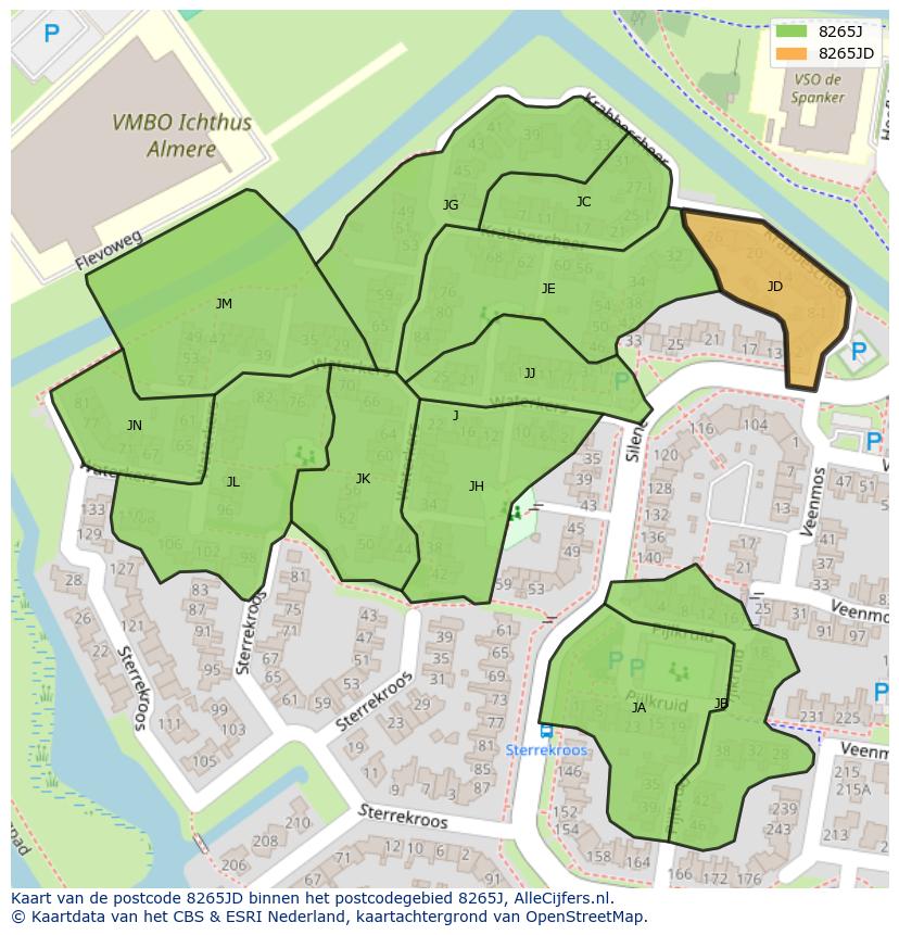 Afbeelding van het postcodegebied 8265 JD op de kaart.