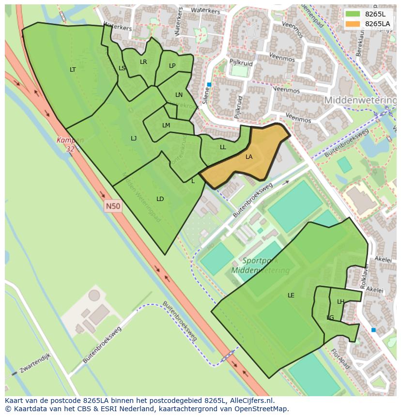 Afbeelding van het postcodegebied 8265 LA op de kaart.
