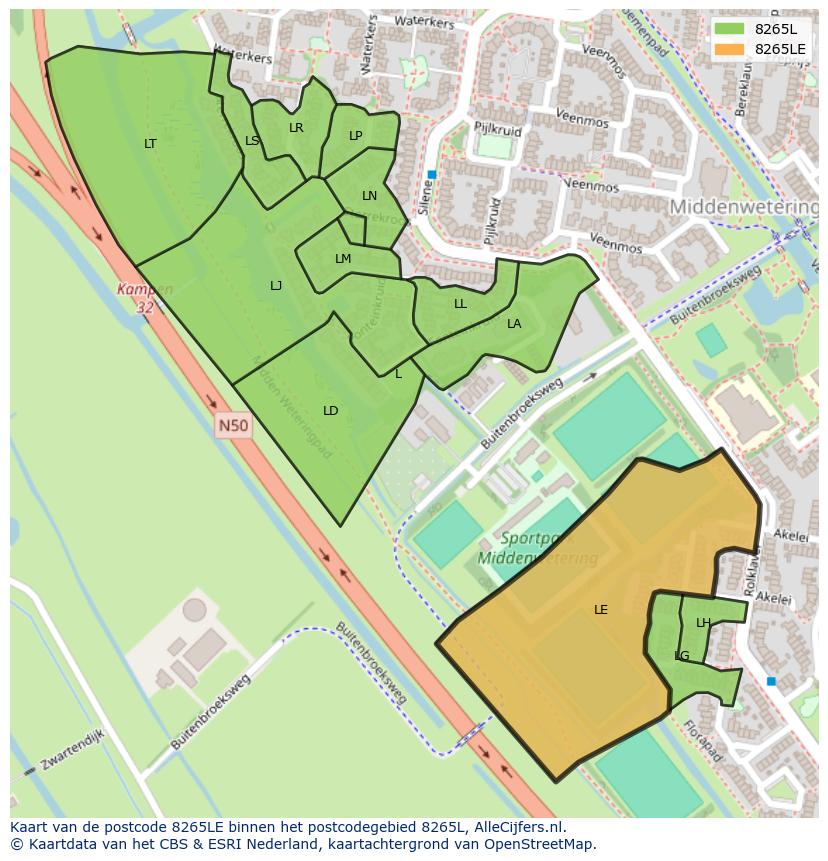 Afbeelding van het postcodegebied 8265 LE op de kaart.