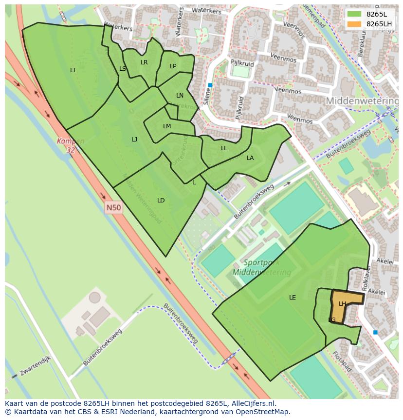 Afbeelding van het postcodegebied 8265 LH op de kaart.