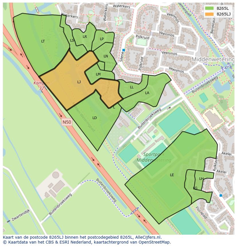 Afbeelding van het postcodegebied 8265 LJ op de kaart.