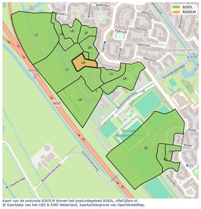 Afbeelding van het postcodegebied 8265 LM op de kaart.