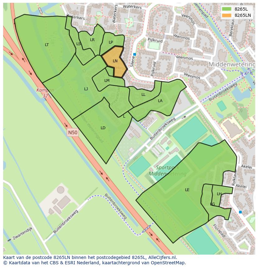 Afbeelding van het postcodegebied 8265 LN op de kaart.