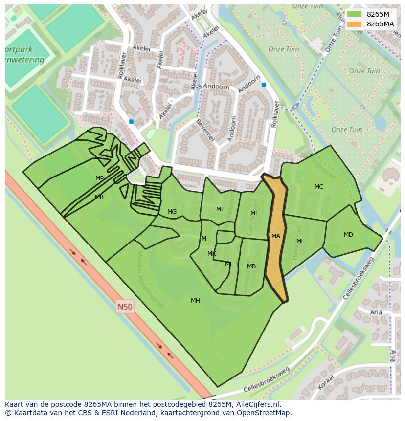 Afbeelding van het postcodegebied 8265 MA op de kaart.