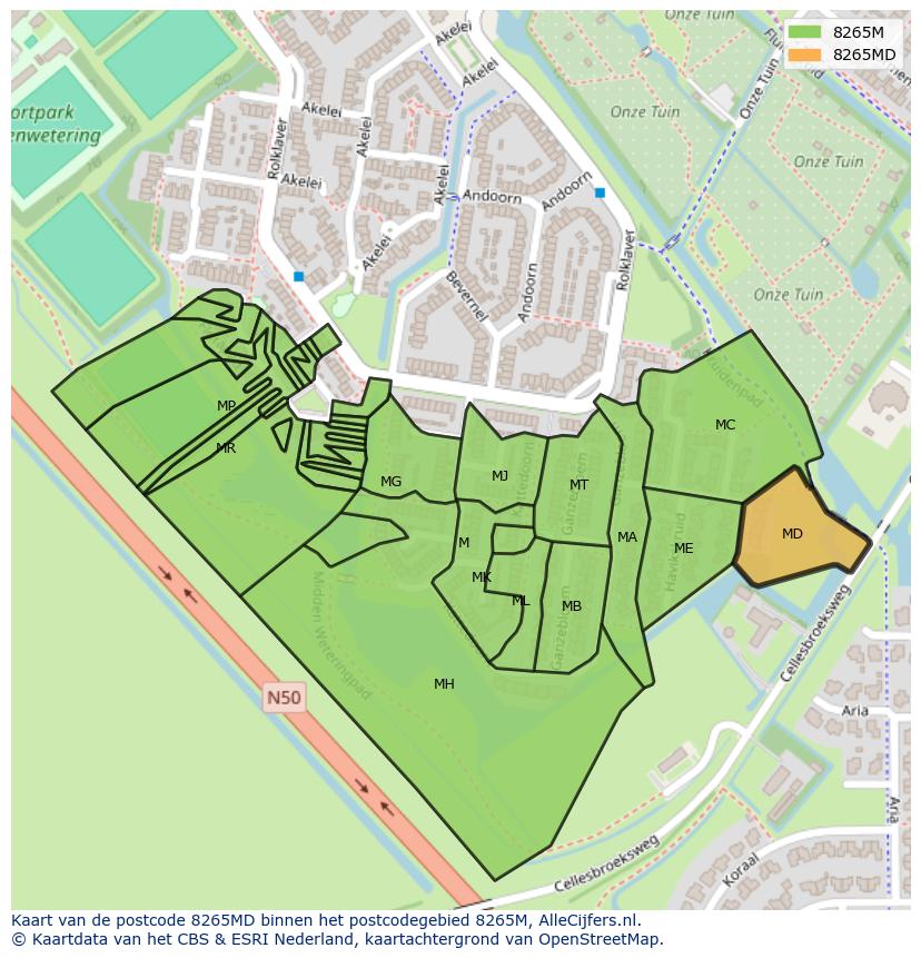 Afbeelding van het postcodegebied 8265 MD op de kaart.